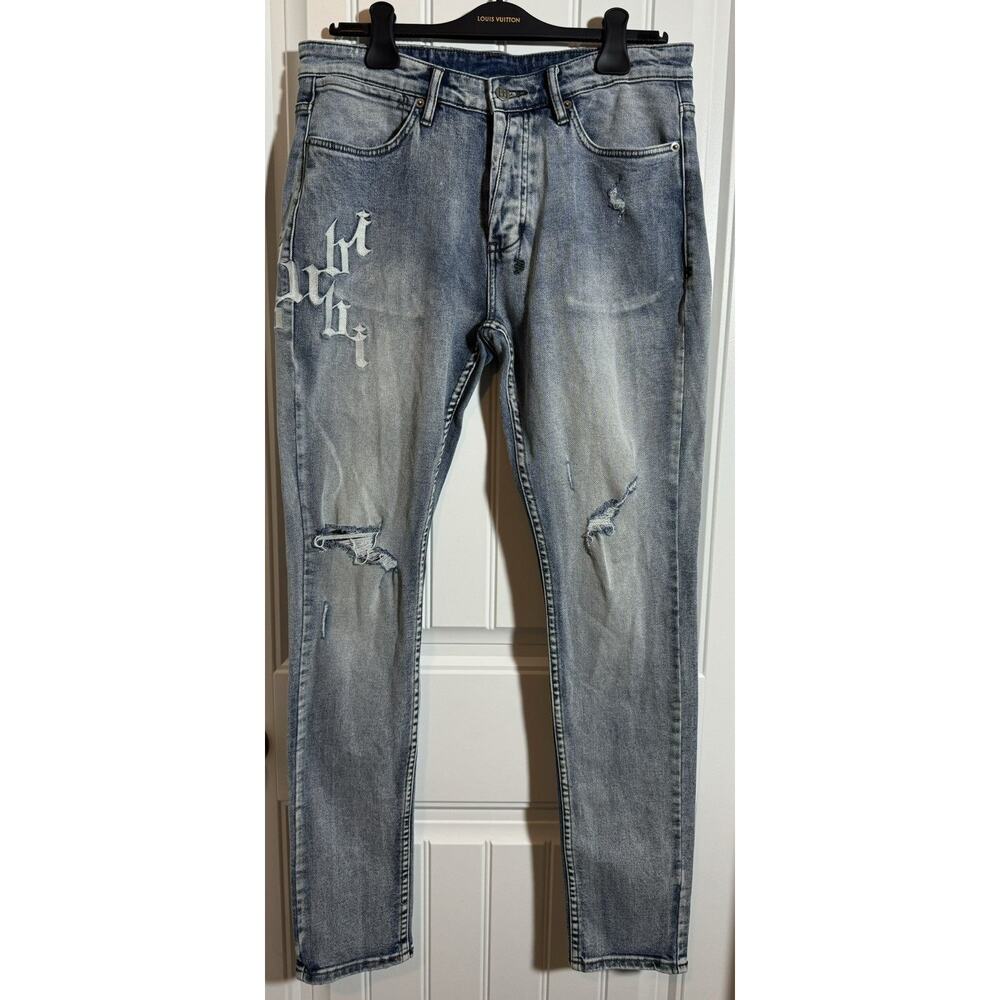 Ksubi Van Winkle Kult Jean Distressed, Logo, Embroidered - EUC